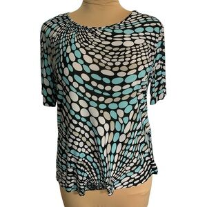 Voir Collection sz XL unique blouse. Stretchy. Blue, gray & white dots on black